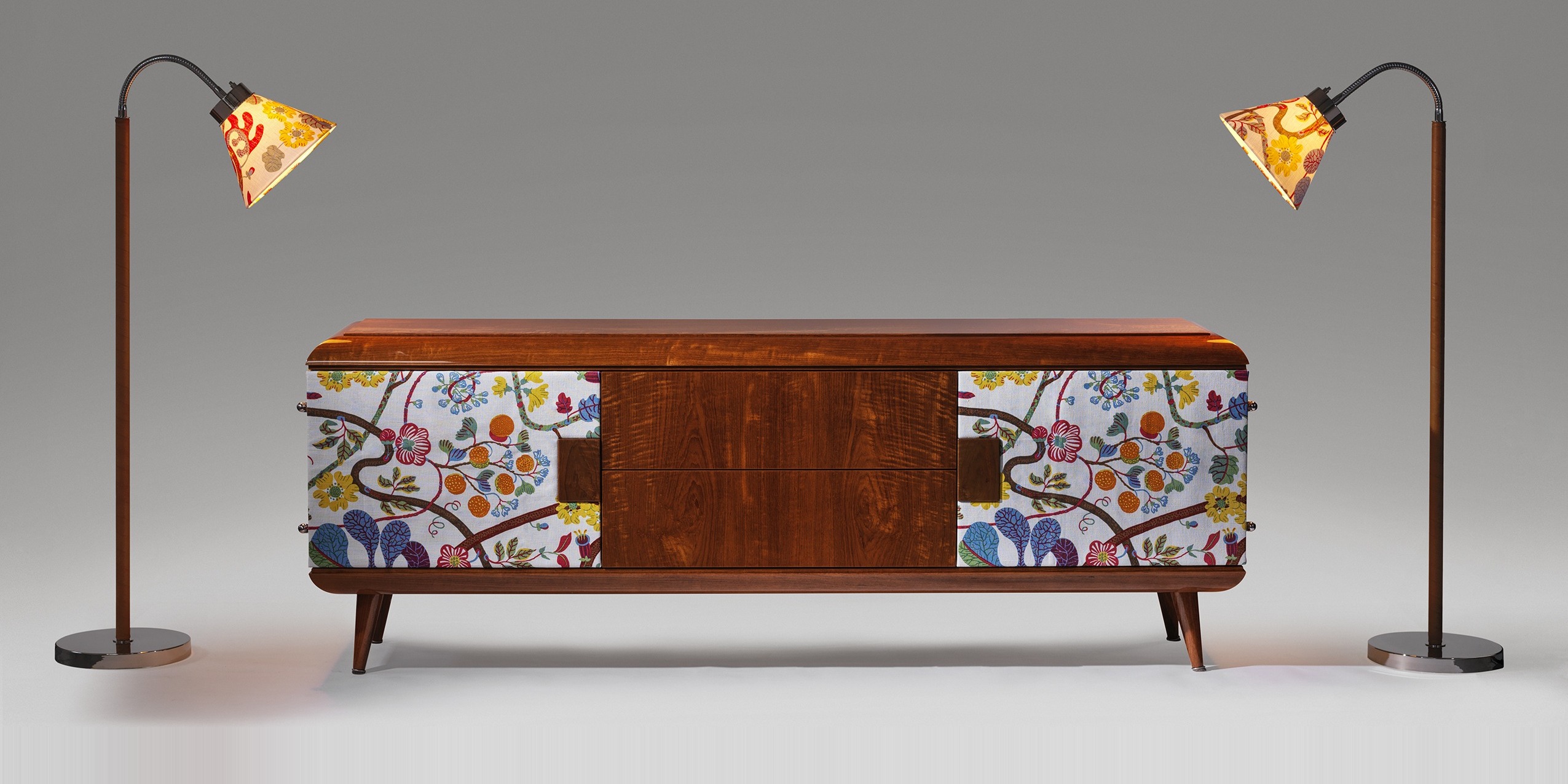 Bespoke credenza with botanical fabric-lined doors