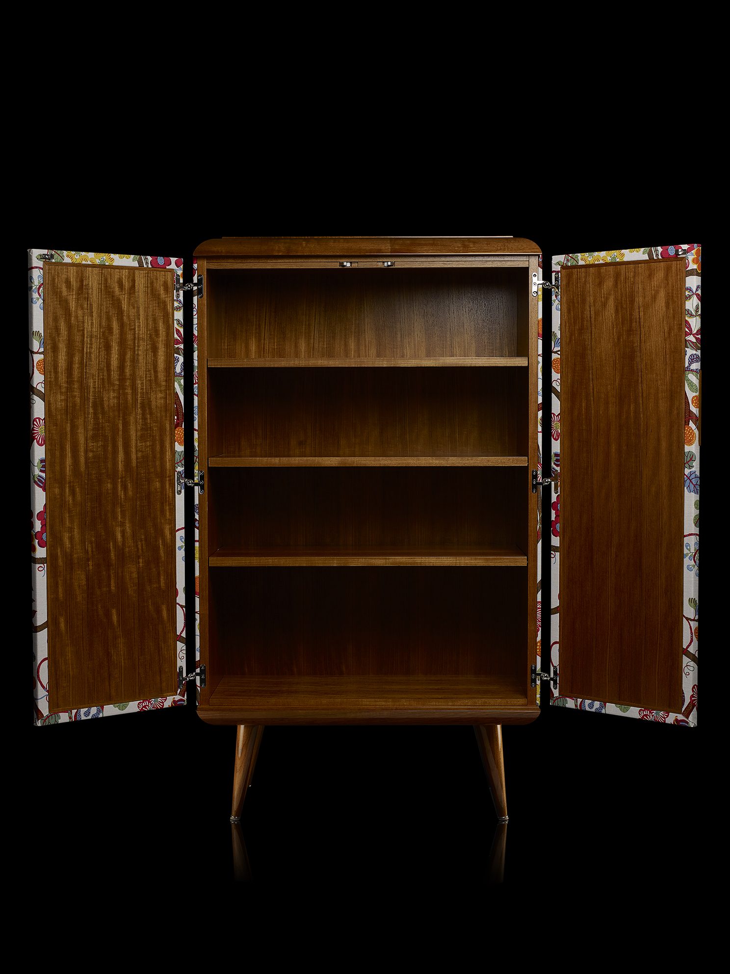 Bespoke cabinet, open, showing internal shelving