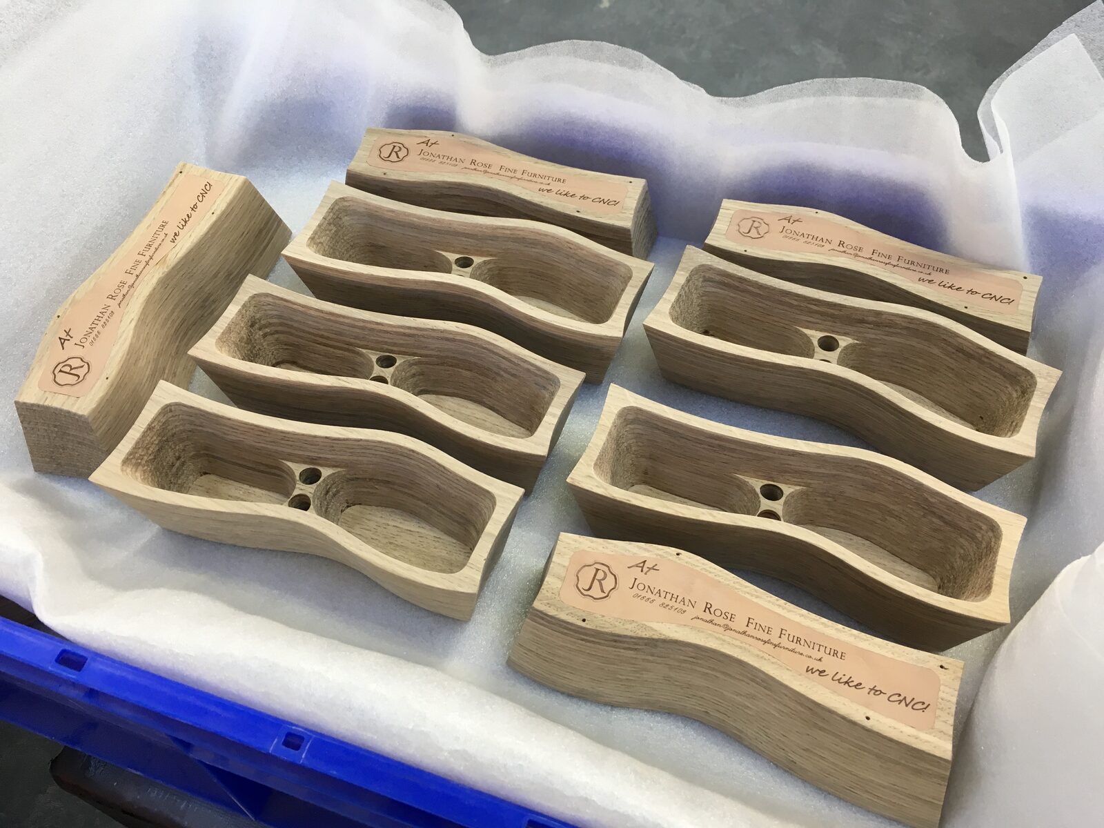 Engraved oak offcuts branded with Jonathan Rose Fine Furniture, CNC workshop